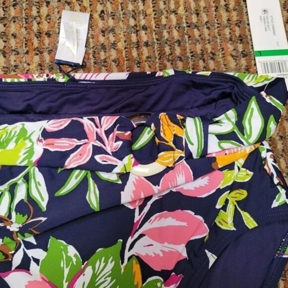 Anne Cole Signature Tropical Bloom Belted High-Waist Bikini Bottom- Blue, Large - Picture 8 of 12